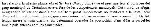 Resposta de l'Ajuntament de Gavà al prec presentat per C's de Gavà on es demanava que afavorissin la instal·lació d'antenes de telefonia mòbil (29 de Maig de 2008)